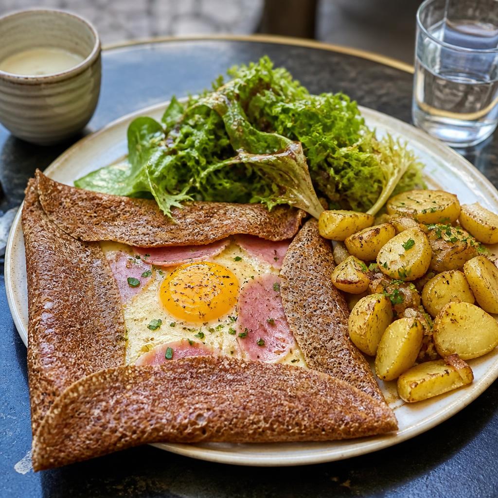 Assiette avec galette, salade composée et pommes de terre sautées