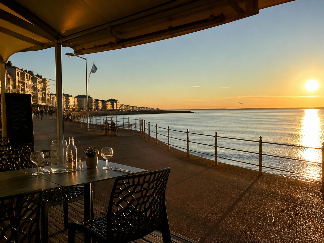 Terrasse des Cabines face à l'océan au coucher du soleil